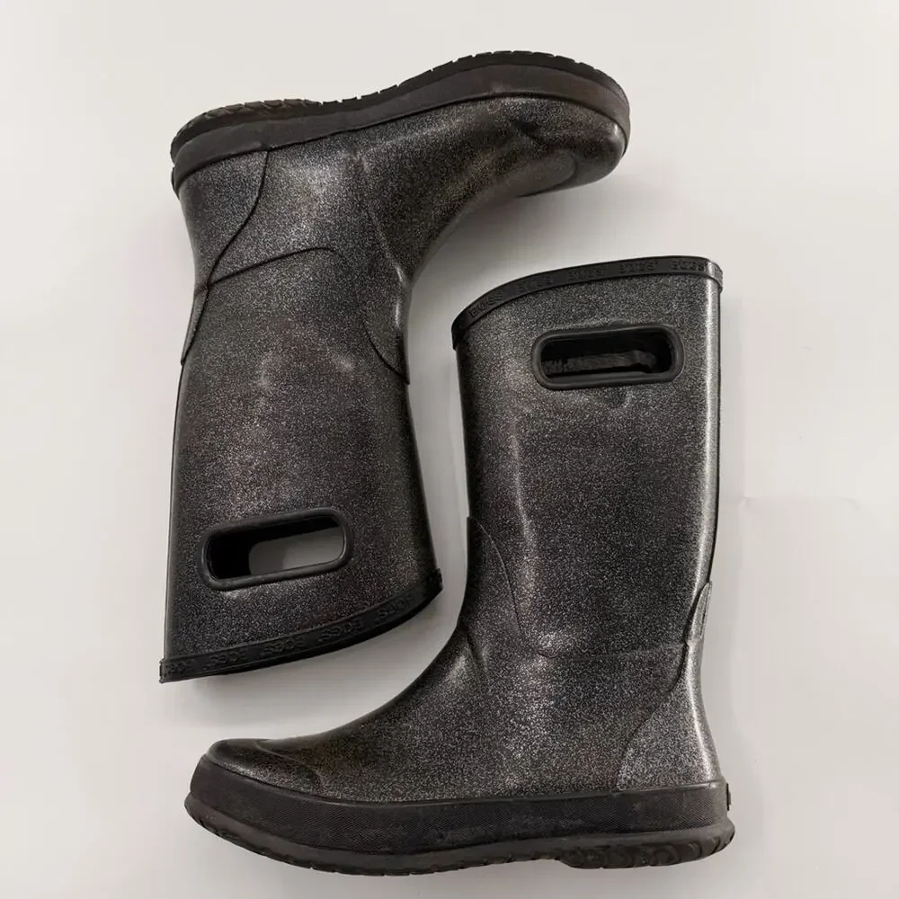 Bogs Girls Black Silver Glitter Rain Boots Size 6 Youth Waterproof